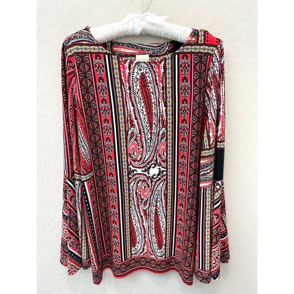 CHICO’S | Red Paisley Boho Bell Sleeve Blouse Knit | Size 2 Large - Picture 1 of 8